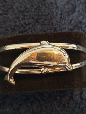 Bold Vintage 925 Sterling Silver Dolphin Cuff Statement Bracelet